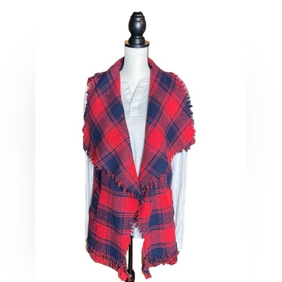 Etwo Women’s Red Black Plaid Open Blanket Sweater Vest SZ M/L Raw Edged Fringe - Picture 2 of 15